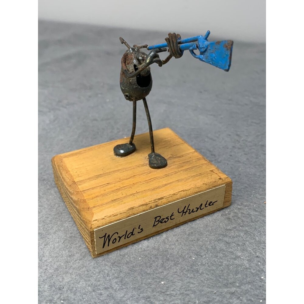 Worlds Best Hunter Metal Welded Sculpture on Wood Base Iron Figurine Vintage 198